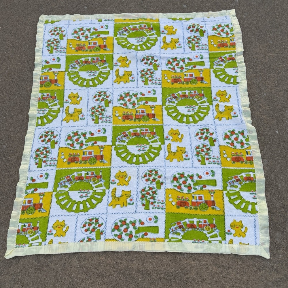 Vtg 70s Babycare Cotton Crib Blanket Train Cat Patchwork Satin Trim 36x42